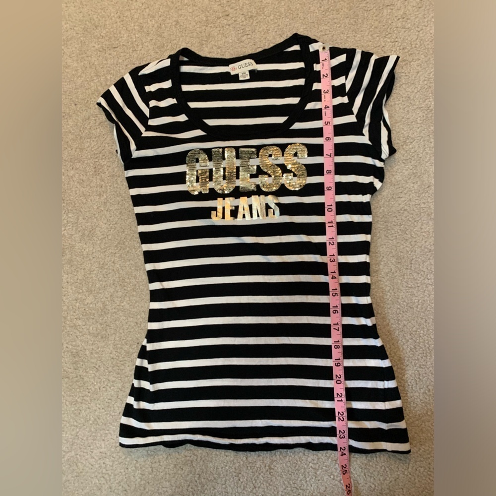 Guess Women Black White Stripe Gold Sequin Logo T-shirt Size Medium - Picture 6 of 8